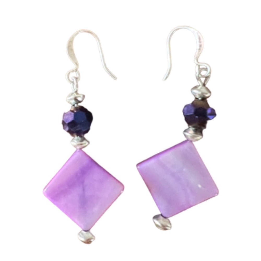 Handmade dangly earrings silver with pink and purple beads OSFA ;)